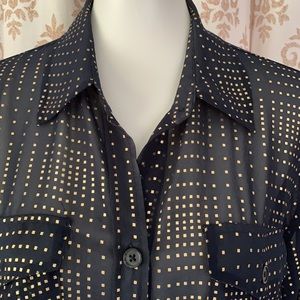Ellen Tracy BEAUTIFUL navy blue with gold blouse M